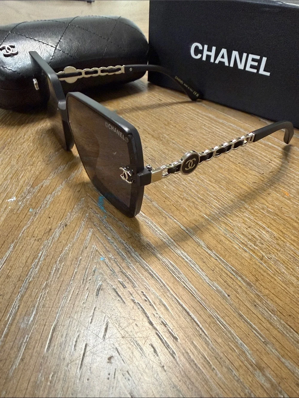 CHANEL Oversized Black Square Sunglasses with Silver CC Accents